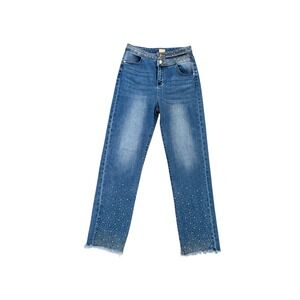 Nina Rossi Womens Rhinestone Embellished High Waist Straight Leg Jeans Blue L
